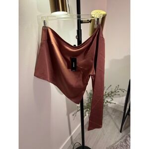 Express XS One Shoulder Satin Bell Sleeve Top Bronze Copper new shiny date night